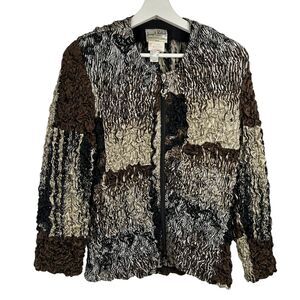 Joseph Ribkoff Size 6 Jacket Popcorn Crinkle Zip Up Black Beige Brown Textured